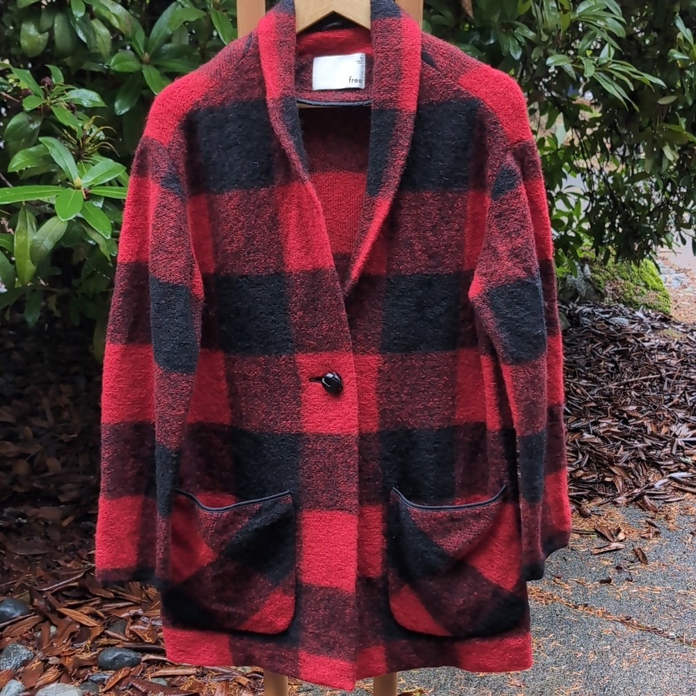 Wool Flannel Wilfred Red and Black Plaid Coat w/ Knotted Button